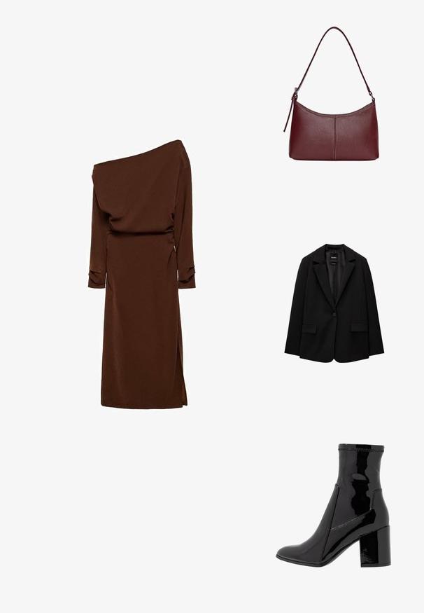 Blazer nero realizzato in tessuto morbido con chiusura a un bottone, revers a punta e due tasche frontali. Design minimalista, vestibilità sartoriale.; Abito marrone asimmetrico con maniche lunghe, materiale drappeggiato, spacco laterale e finitura testurizzata. Silhouette elegante con una vestibilità rilassata.; Stivale alla caviglia in patent nero con una texture liscia, punta appuntita e tacco a blocco strutturato. Presenta un design senza zip e cuciture a contrasto.; Borsa a tracolla in pelle bordeaux con forma curvata, una sola tracolla e dettagli cuciti al centro. Texture liscia, hardware minimale.
