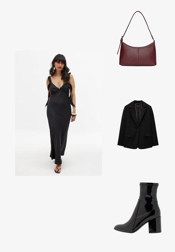 Čierny blejzer vyrobený z hladkej tkaniny s jedným gombíkom, klapkovými nohavicami a dvomi prednými vreckami. Minimalistický dizajn, strih na mieru.; Čierne saténové šaty s hlbokým výstrihom, širokými ramienkami viazanými na pleciach a dlhým, splývavým strihom, ktorý zvýrazňuje postavu.; Čierne lakované členkové čižmy s hladkým povrchom, špicatou špičkou a pevným blokovým opätkom. Disponujú dizajnom bez zipsu a kontrastným prešívaním.; Bordová kožená kabelka s zakriveným tvarom, s jedným ramenným popruhom a prešitými detailmi v strede. Hladký povrch, minimalistické príslušenstvo.