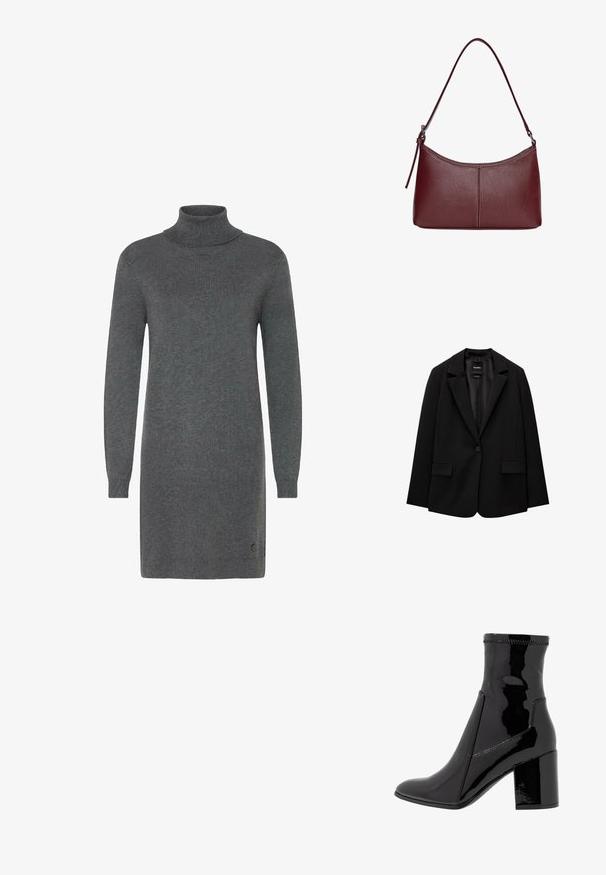 Schwarzer Blazer aus glattem Stoff mit einem Knopfverschluss, abgesetztem Revers und zwei vorderen Taschen. Minimalistisches Design, taillierte Passform.; Graues Rollkragenkleid aus weichem Strickmaterial. Mit langen Ärmeln, einer figurbetonten Silhouette und dezentem Branding am Saum.; Schwarze, lackierte Knöchelstiefel mit glatter Textur, spitzem Zeh und strukturiertem Blockabsatz. Verfügt über ein reißverschlussfreies Design und kontrastierende Nähte.; Bordeauxfarbene Ledertasche mit geschwungener Form, einem einzigen Schulterriemen und gesteppten Details in der Mitte. Glatte Textur, minimales Zubehör.