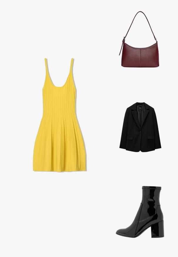 Blazer nero realizzato in tessuto morbido con chiusura a un bottone, revers a punta e due tasche frontali. Design minimalista, vestibilità sartoriale.; Abito giallo a coste con spalline sottili, corpino aderente e gonna a pieghe svasata. Realizzato in tessuto testurizzato, presenta un collo rotondo.; Stivale alla caviglia in patent nero con una texture liscia, punta appuntita e tacco a blocco strutturato. Presenta un design senza zip e cuciture a contrasto.; Borsa a tracolla in pelle bordeaux con forma curvata, una sola tracolla e dettagli cuciti al centro. Texture liscia, hardware minimale.