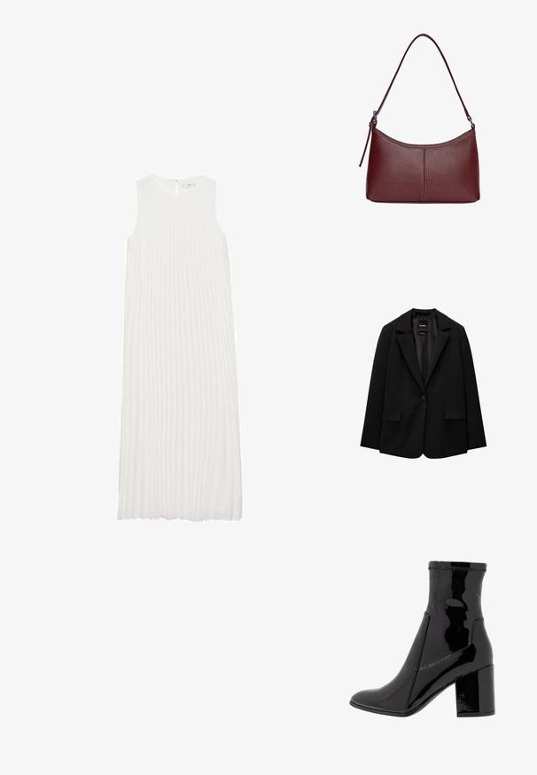 Čierny blejzer vyrobený z hladkej tkaniny s jedným gombíkom, klapkovými nohavicami a dvomi prednými vreckami. Minimalistický dizajn, strih na mieru.; Biele bezrukávové šaty s vertikálnymi plisovaním, okrúhlym výstrihom a zipsom na zadnej strane. Mäkka látka s voľným dizajnom.; Čierne lakované členkové čižmy s hladkým povrchom, špicatou špičkou a pevným blokovým opätkom. Disponujú dizajnom bez zipsu a kontrastným prešívaním.; Bordová kožená kabelka s zakriveným tvarom, s jedným ramenným popruhom a prešitými detailmi v strede. Hladký povrch, minimalistické príslušenstvo.