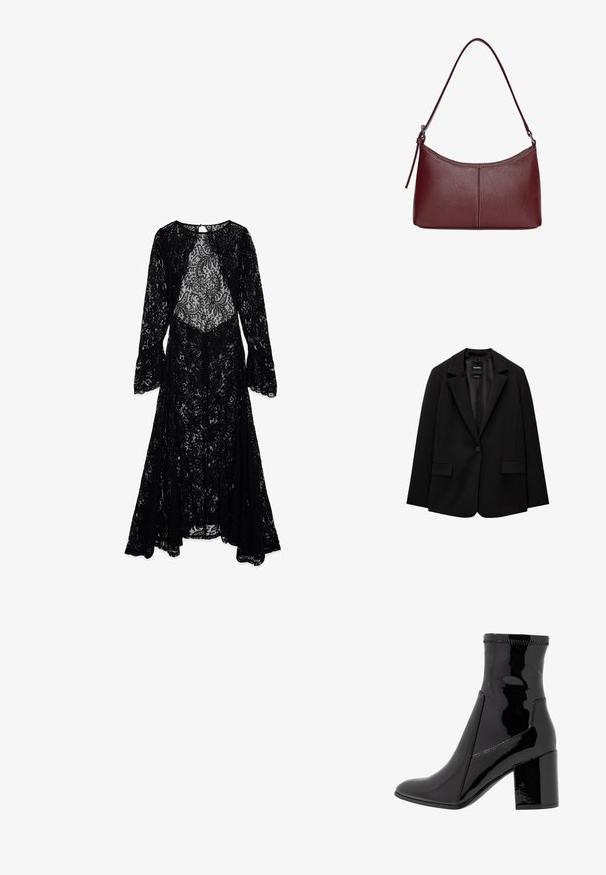 Musta bleiseri, joka on valmistettu sileästä kankaasta, yksittäisellä nappikiinnityksellä, viistetyt kaulukset ja kaksi etutaskua. Minimalistinen muotoilu, istuva leikkaus.; Musta pitsimekko pitkien kellohihnojen kanssa, jossa on läpinäkyvä bodice ja monimutkainen kukkakuvio. Valuavan, pitkän mallin muotoilu, huolellisesti viimeistelty pääntie.; Musta lakattu nilkkuri, jossa on sileä pinta, terävä kärki ja jämäkkä lohko korko. Suunnittelussa ei ole vetoketjua ja siinä on kontrastiväriompeleet.; Maroon-värinen nahkalaukku, jossa on kaareva muoto, yksi olkahihna ja keskellä ommeltu yksityiskohta. Sileä pinta, minimaalinen varustelu.