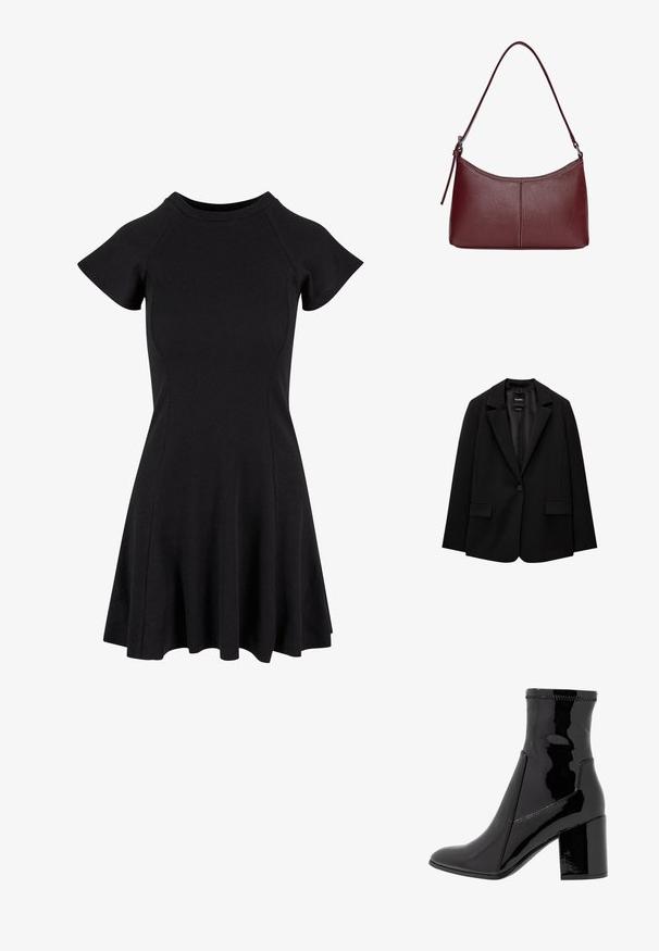 Črn blazer iz gladkega blaga z zapiranjem na en gumb, zarezanimi reverji in dvema sprednjima žepoma. Minimalističen dizajn, krojen pristen fit.; Črna kratkosleeve obleka z oprijetim korpusom in razširjenim krilom, izdelana iz gladkega, raztegljivega materiala. Preprost dizajn brez vzorcev ali dodatkov.; Črne lakaste gležnjarje z gladko teksturo, koničastim nosom in strukturiranim blokastim peto. Imajo zasnovo brez zadrge in kontrastno šivanje.; Bordo usnjeni ročni torbici s ukrivljeno obliko, enim ramenskim trakom in šivanjem na sredini. Gladka tekstura, minimum kovinskih dodatkov.