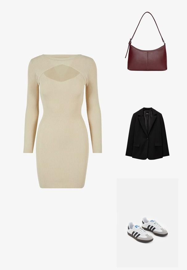 Černý blazer vyrobený z hladké tkaniny s jednotlivým knoflíkovým zapínáním, klopovými límci a dvěma předními kapsami. Minimalistický design, perfektní střih.; Pletené šaty ve světle béžové barvě s dlouhými rukávy, ribbovanou strukturou a jedinečným výřezem pod výstřihem. Přiléhavý silueta.; Sportovní boty s bílým koženým svrškem, šedou semišovou špičkou a třemi černými pruhy. Obsahují modré logo na jazyku a texturovanou gumovou podrážku.; Vínová kožená kabelka s zakřiveným tvarem, jediným ramenním popruhem a prošíváním ve středu. Hladký povrch, minimální kovové prvky.