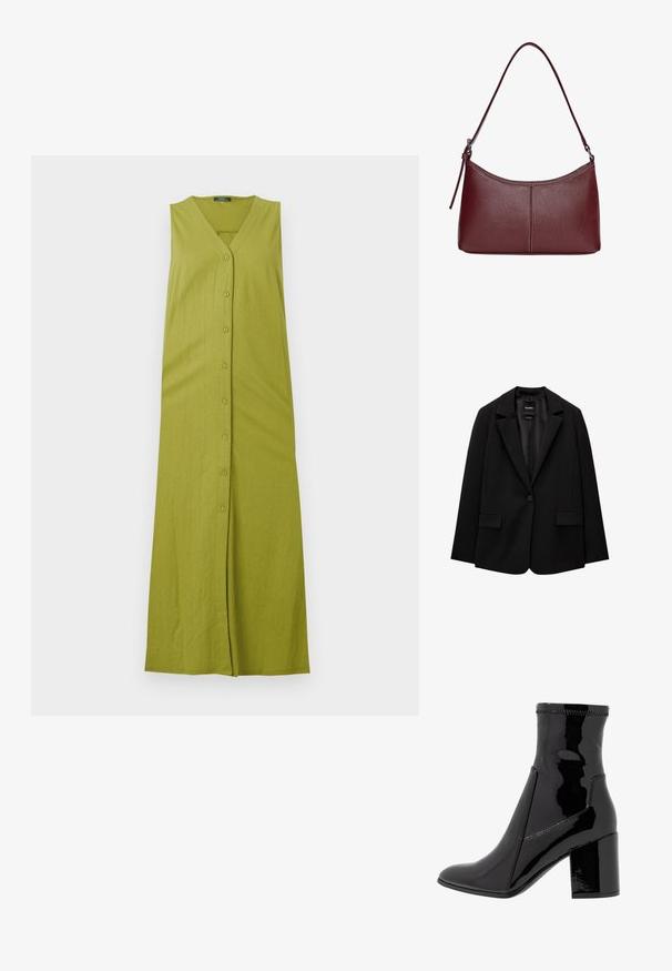 Črn blazer iz gladkega blaga z zapiranjem na en gumb, zarezanimi reverji in dvema sprednjima žepoma. Minimalističen dizajn, krojen pristen fit.; Zelena brezrokavna maksi obleka z V-izrezom, ki ima gumbasto sprednjo zaporo in vertikalno rebrasto teksturo. Narejena iz mehkega, lahkega blaga.; Črne lakaste gležnjarje z gladko teksturo, koničastim nosom in strukturiranim blokastim peto. Imajo zasnovo brez zadrge in kontrastno šivanje.; Bordo usnjeni ročni torbici s ukrivljeno obliko, enim ramenskim trakom in šivanjem na sredini. Gladka tekstura, minimum kovinskih dodatkov.