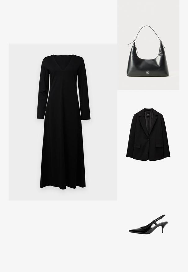 Musta bleiseri, joka on valmistettu sileästä kankaasta, yksittäisellä nappikiinnityksellä, viistetyt kaulukset ja kaksi etutaskua. Minimalistinen muotoilu, istuva leikkaus.; Musta pitkähiha dressi V-pääntiellä, valmistettu sileästä kankaasta. Ominaisuuksiin kuuluu lentävä muotoilu ja suora siluetti, ei näkyviä kiinnityksiä.; Musta lakattu nahkainen slingback-korkokenkä teräväkärkisellä, avonaisilla sivurei'illä, kapealla korolla ja säädettävällä nilkkahihnalla.; Musta sileä nahkainen olkalaukku, jossa on kaareva yläosa, yksittäinen olkahihna, vetoketjukiinnitys ja pieni hopeinen logo embleemi etukeskellä.