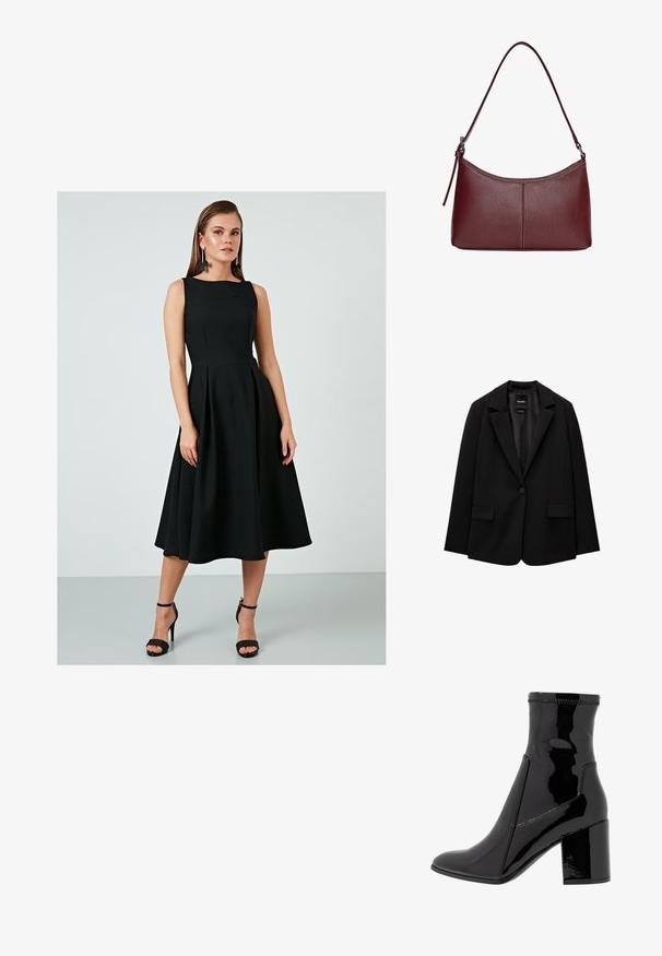 Schwarzer Blazer aus glattem Stoff mit einem Knopfverschluss, abgesetztem Revers und zwei vorderen Taschen. Minimalistisches Design, taillierte Passform.; Schwarzes ärmelloses Kleid mit tailliertem Oberteil, schwingendem Rock und Falten. Glattes Material, knielang, kombiniert mit schwarzen High-Heels.; Schwarze, lackierte Knöchelstiefel mit glatter Textur, spitzem Zeh und strukturiertem Blockabsatz. Verfügt über ein reißverschlussfreies Design und kontrastierende Nähte.; Bordeauxfarbene Ledertasche mit geschwungener Form, einem einzigen Schulterriemen und gesteppten Details in der Mitte. Glatte Textur, minimales Zubehör.