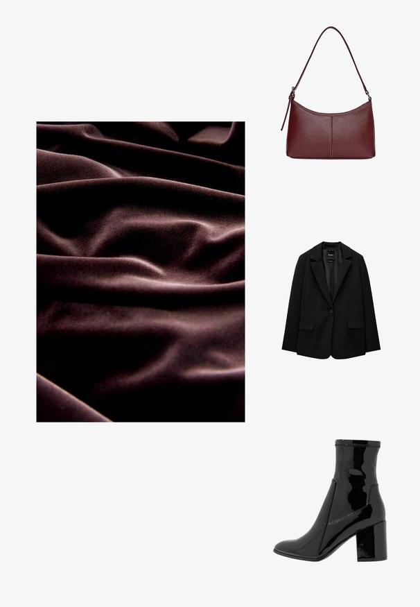 Sort blazer lavet af glat stof med enkelt knaplukning, klaplapper og to frontlommer. Minimalistisk design, skræddersyet pasform.; Mørkebrun velourstof med en glat tekstur, der har dybe folder og rynker, som fremhæver dets luksuriøse fald og blødhed.; Sorte patent ankelstøvler med en glat overflade, spidse tå og en struktureret blokhæl. Uden lynlås og med kontrasterende syninger.; Kastanjebrun læderhåndtaske med en buet form, en enkelt skulderrem og syninger i midten. Glat tekstur, minimal hardware.