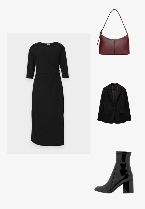 Czarna marynarka wykonana z gładkiego materiału, z pojedynczym zapięciem na guzik, wykrojonymi klapami i dwoma przednimi kieszeniami. Minimalistyczny design, dopasowany krój.; Czarna sukienka z rękawami do łokcia, z przodu z detailami w postaci skrętu w talii i prostym kroju, wykonana z miękkiego, elastycznego materiału.; Czarne lakierowane botki za kostkę o gładkiej fakturze, z ostro zakończonym noskiem i wyraźnym blokowym obcasem. Charakteryzują się brakiem zamka oraz kontrastowym przeszyciem.; Bordowa torebka skórzana o zaokrąglonym kształcie, z jednym paskiem na ramię i przeszyciami w centrum. Gładka faktura, minimalna ilość elementów metalowych.