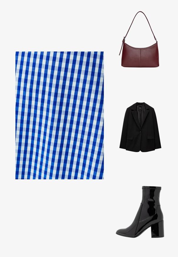 Czarna marynarka wykonana z gładkiego materiału, z pojedynczym zapięciem na guzik, wykrojonymi klapami i dwoma przednimi kieszeniami. Minimalistyczny design, dopasowany krój.; Niebieska i biała tkanina w kratkę w wzór gingham, z równymi kwadratami. Faktura wydaje się gładka i tkana.; Czarne lakierowane botki za kostkę o gładkiej fakturze, z ostro zakończonym noskiem i wyraźnym blokowym obcasem. Charakteryzują się brakiem zamka oraz kontrastowym przeszyciem.; Bordowa torebka skórzana o zaokrąglonym kształcie, z jednym paskiem na ramię i przeszyciami w centrum. Gładka faktura, minimalna ilość elementów metalowych.