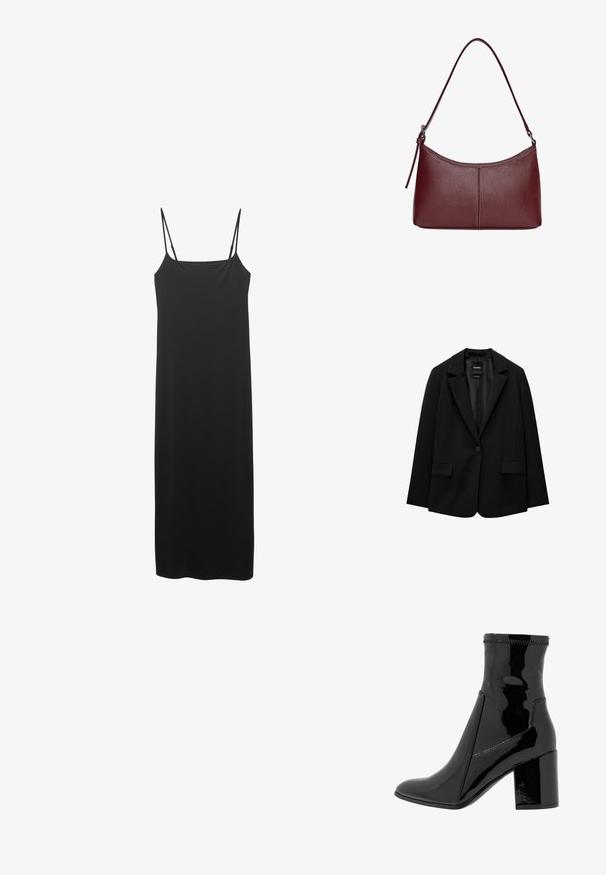 Musta bleiseri, joka on valmistettu sileästä kankaasta, yksittäisellä nappikiinnityksellä, viistetyt kaulukset ja kaksi etutaskua. Minimalistinen muotoilu, istuva leikkaus.; Musta hihaton mekko, joka on valmistettu sileästä kankaasta. Mekossa on ohuet olkaimet ja suora siluetti, joka ulottuu polveen saakka.; Musta lakattu nilkkuri, jossa on sileä pinta, terävä kärki ja jämäkkä lohko korko. Suunnittelussa ei ole vetoketjua ja siinä on kontrastiväriompeleet.; Maroon-värinen nahkalaukku, jossa on kaareva muoto, yksi olkahihna ja keskellä ommeltu yksityiskohta. Sileä pinta, minimaalinen varustelu.