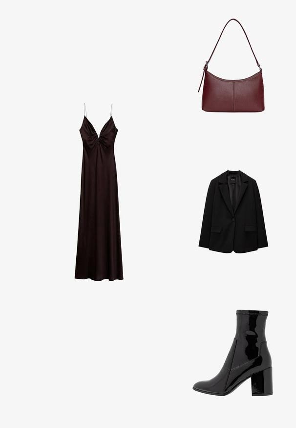 Svart blazer i slätt tyg med enknappsstängning, spetsig krage och två framfickor. Minimalistisk design, skräddarsydd passform.; Satin svart klänning med djup V-ringning, tunna justerbara axelband och samlad detaljer fram, som flödar ner till en hel längd fåll.; Svart lackankelboot med en slät yta, spetsig tå och en strukturerad blockklack. Har en dragkedjelös design och kontrasterande sömmar.; Vinröd läderhandväska med en böjd form, en enkel axelrem och sömnadsdetaljer i mitten. Slät textur, minimal hårdvara.