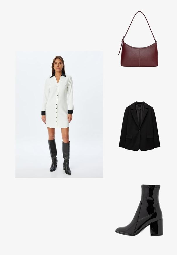 Blazer nero realizzato in tessuto morbido con chiusura a un bottone, revers a punta e due tasche frontali. Design minimalista, vestibilità sartoriale.; Abito bianco con bottoni, colletto e polsini neri, caratterizzato da un taglio dritto, maniche lunghe e dettagli con bottoni metallici.; Stivale alla caviglia in patent nero con una texture liscia, punta appuntita e tacco a blocco strutturato. Presenta un design senza zip e cuciture a contrasto.; Borsa a tracolla in pelle bordeaux con forma curvata, una sola tracolla e dettagli cuciti al centro. Texture liscia, hardware minimale.