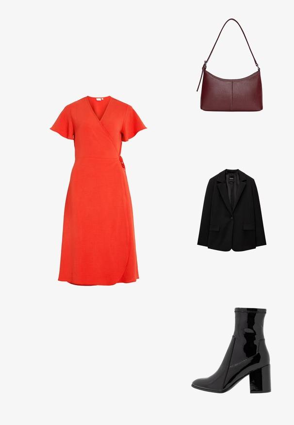 Crna jakna od glatkog materijala s jednom dugmadi, s urezanim reverima i dva prednja džepa. Minimalistički dizajn, kroj prilagođen figuri.; VILA VILOVIE WRAP DRESS - Dnevna haljina - poppy red; Crne lakirane gležnjače sa glatkom teksturom, šiljastim prstom i strukturiranim blok potpeticama. Posjeduje dizajn bez zatvarača i kontrastno šivenje.; Bordo kožna torba s zakrivljenim oblikom, jednim remenom za rame i šivenim detaljima na sredini. Glatka tekstura, minimalni dodaci.