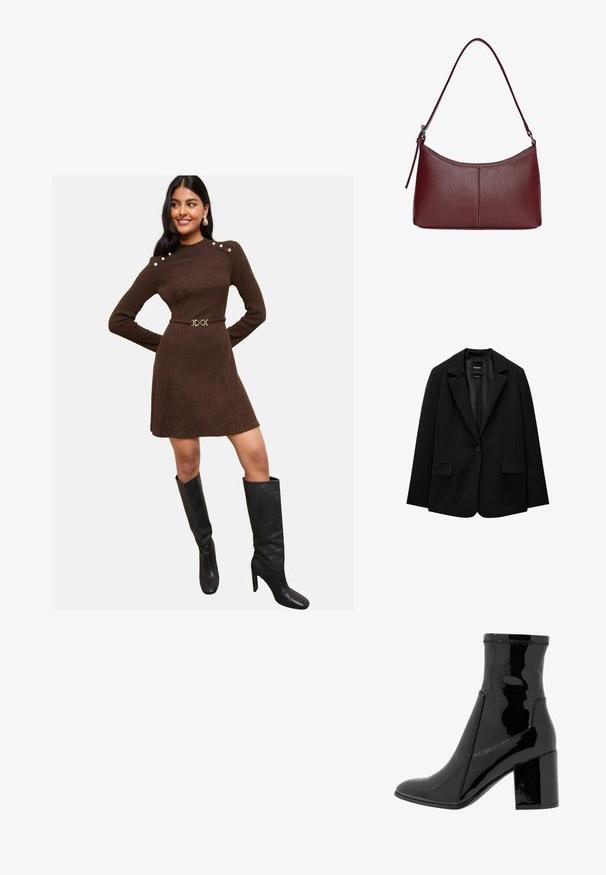 Sacou negru din țesătură fină, cu închidere cu un singur nasture, rever cu colțuri și două buzunare frontale. Design minimalist, croi ajustat.; Rochie maro cu dungi, cu manșon lung, butoane pe umeri și talie ajustată, asociată cu cizme negre elegante, până la genunchi.; Botine negre din patent, cu o textură netedă, vârf ascuțit și un toc bloc structurat. Prezintă un design fără fermoar și cusături contrastante.; Geantă din piele bordo cu o formă curbată, un singur mânere pentru umăr și detalii cusute în centru. Textură netedă, hardware minim.