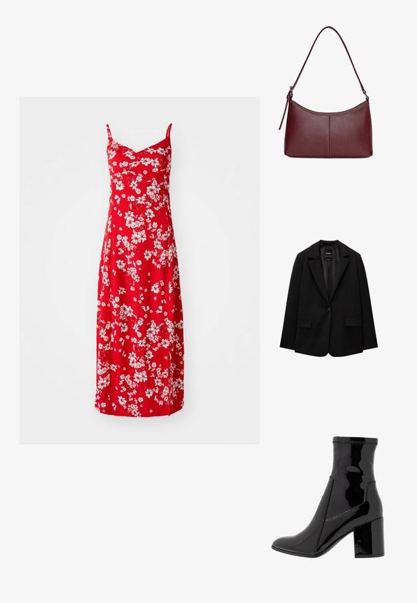 Fekete blézer sima szövetből, egy gombos záródással, bemetszett gallérral és két elülső zsebbel. Minimalista dizájn, testreszabott fazon.; Piros virágmintás midi ruha fehér virágmintákkal, V-nyakkivágással, állítható pántokkal és texturált anyaggal.; Fekete lakk bokacsizma sima felülettel, hegyes orral és struktúrált tömbsarkal. Cipzár nélküli kialakítással és kontrasztos varrással rendelkezik.; Bordó bőr kézitáska ívelt formával, egyetlen vállpánttal és varrott díszítéssel a középen. Simás textúra, minimális fémalkatrészek.