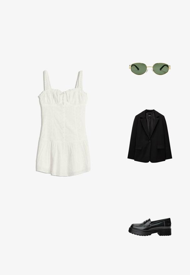 Černý blazer vyrobený z hladké tkaniny s jednotlivým knoflíkovým zapínáním, klopovými límci a dvěma předními kapsami. Minimalistický design, perfektní střih.; Bílé bezrukávové šaty z očkované látky, s knoflíkovou přední částí, řaseným dekoltem, přiléhavým pasem a rozšířeným lemem sukně.; Černé lakované kožené mokasíny s masivní podrážkou, zdobené páskem a jemným švem. Gumová textura na podrážce.; Sluneční brýle s metalickým zlatým rámem, zelenými skly, oválného tvaru, s černými stranicemi a průhlednými nosními podložkami. Čistý, minimalistický design.