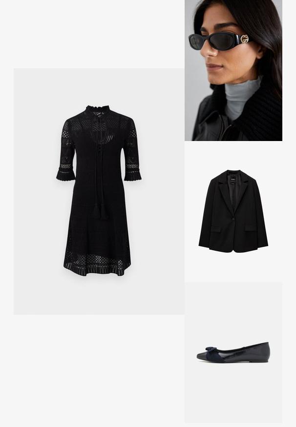 Crna jakna od glatkog materijala s jednom dugmadi, s urezanim reverima i dva prednja džepa. Minimalistički dizajn, kroj prilagođen figuri.; Crna pletena haljina s visokim dekolteom, rukavima do tri četvrtine s volanima na rubovima i teksturiranim uzorkom po cijeloj površini. Uključuje i vezicu s resicama.; Mornarske balerinke s sjajnim lakiranim završetkom i teksturiranim semis kožnim detaljem u obliku mašne na prstu, s okruglim vrhom i ravnim đonom.; Crne sunčane naočale sa elegantnim pravokutnim okvirom i zlatnim logotipom na strani. Tamna stakla i sjajni finiš su istaknuti.; Crna torba za rame izrađena od glatkog materijala, sa zakrivljenim oblikom, zlatnim patentnim zatvaračem i zlatnim reljefnim logotipom na prednjoj strani.