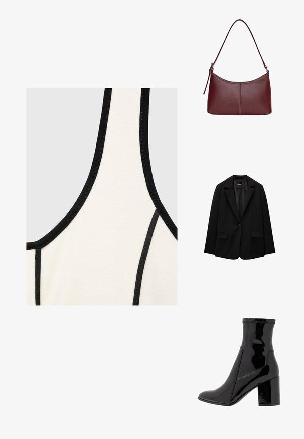 Zwarte blazer van gladde stof met een enkele knoopsluiting, notch-lapels en twee voorzakken. Minimalistisch ontwerp, getailleerde pasvorm.; Crème top met zwarte rand, met een gladde textuur en een ronde halslijn. Ontwerp bevat contrasterende stiksels langs de randen.; Zwarte patenten enkellaarsjes met een gladde textuur, een spitse neus en een gestructureerde blokhak. Heeft een ritsvrije ontwerping en contrasterende stiksels.; Bordeaux lederen handtas met een gebogen vorm, een enkele schouderriem en gestikte details in het midden. Glad textuur, minimale hardware.