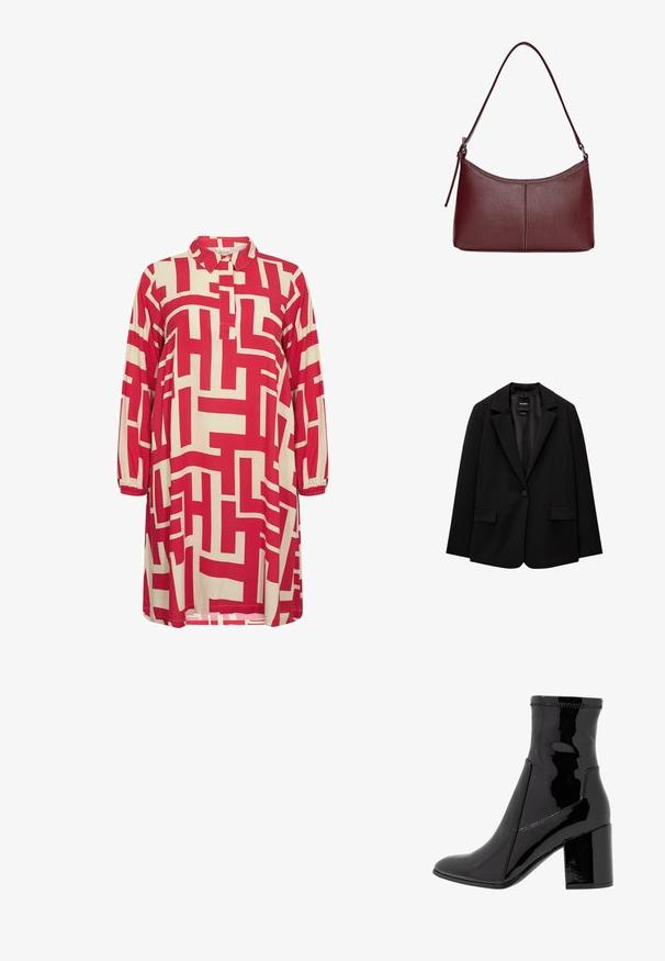 Schwarzer Blazer aus glattem Stoff mit einem Knopfverschluss, abgesetztem Revers und zwei vorderen Taschen. Minimalistisches Design, taillierte Passform.; Rotes und beiges gemustertes Kleid mit kragenförmigem Ausschnitt, drei Viertel langen Ärmeln und geometrischen Designs auf dem gesamten Stoff.; Schwarze, lackierte Knöchelstiefel mit glatter Textur, spitzem Zeh und strukturiertem Blockabsatz. Verfügt über ein reißverschlussfreies Design und kontrastierende Nähte.; Bordeauxfarbene Ledertasche mit geschwungener Form, einem einzigen Schulterriemen und gesteppten Details in der Mitte. Glatte Textur, minimales Zubehör.