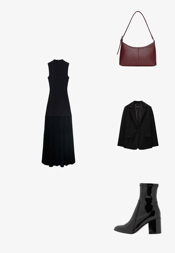 Zwarte blazer van gladde stof met een enkele knoopsluiting, notch-lapels en twee voorzakken. Minimalistisch ontwerp, getailleerde pasvorm.; Zwarte mouwloze jurk met hoge hals, getailleerde bovenkant en uitlopende geplooide rok. Gemaakt van een gladde stof met een subtiele glans. Ritssluiting op de rug.; Zwarte patenten enkellaarsjes met een gladde textuur, een spitse neus en een gestructureerde blokhak. Heeft een ritsvrije ontwerping en contrasterende stiksels.; Bordeaux lederen handtas met een gebogen vorm, een enkele schouderriem en gestikte details in het midden. Glad textuur, minimale hardware.