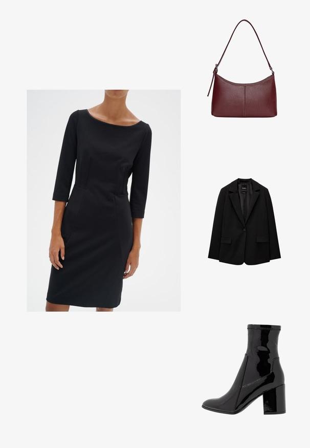 Fekete blézer sima szövetből, egy gombos záródással, bemetszett gallérral és két elülső zsebbel. Minimalista dizájn, testreszabott fazon.; Fekete, testre simuló ruha, kerek nyakkivágással, háromnegyedes ujjakkal és varrási részletekkel. Simka szövetből készült, puha tapintással.; Fekete lakk bokacsizma sima felülettel, hegyes orral és struktúrált tömbsarkal. Cipzár nélküli kialakítással és kontrasztos varrással rendelkezik.; Bordó bőr kézitáska ívelt formával, egyetlen vállpánttal és varrott díszítéssel a középen. Simás textúra, minimális fémalkatrészek.