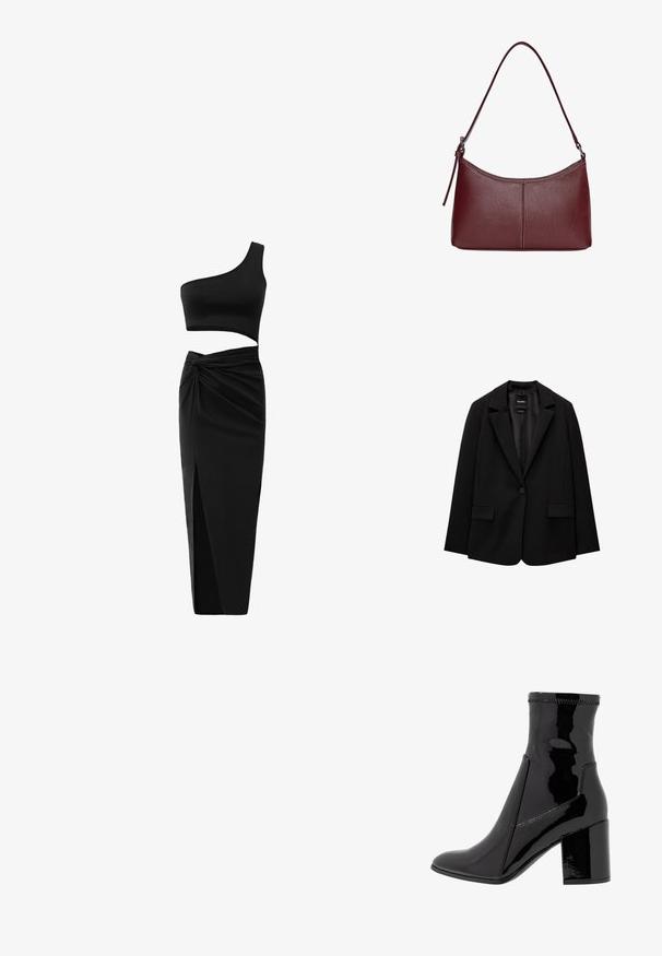 Zwarte blazer van gladde stof met een enkele knoopsluiting, notch-lapels en twee voorzakken. Minimalistisch ontwerp, getailleerde pasvorm.; Zwart twee-delig outfit met een één-schouder crop top en hoge taille rok met een gedraaide detail en een zijsplit. Glad materiaal.; Zwarte patenten enkellaarsjes met een gladde textuur, een spitse neus en een gestructureerde blokhak. Heeft een ritsvrije ontwerping en contrasterende stiksels.; Bordeaux lederen handtas met een gebogen vorm, een enkele schouderriem en gestikte details in het midden. Glad textuur, minimale hardware.
