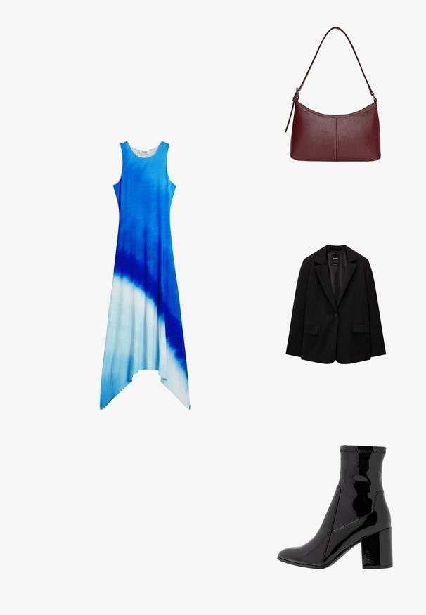 Fekete blézer sima szövetből, egy gombos záródással, bemetszett gallérral és két elülső zsebbel. Minimalista dizájn, testreszabott fazon.; Ujjatlan, bokáig érő ruha kék és fehér árnyalataiban, dip-dye hatással. Puha, áramló anyag, aszimmetrikus szegéllyel.; Fekete lakk bokacsizma sima felülettel, hegyes orral és struktúrált tömbsarkal. Cipzár nélküli kialakítással és kontrasztos varrással rendelkezik.; Bordó bőr kézitáska ívelt formával, egyetlen vállpánttal és varrott díszítéssel a középen. Simás textúra, minimális fémalkatrészek.