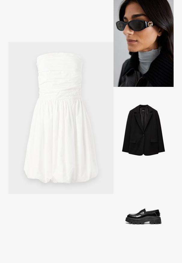 Sacou negru din țesătură fină, cu închidere cu un singur nasture, rever cu colțuri și două buzunare frontale. Design minimalist, croi ajustat.; Rochie albă fără bretele cu bust plisat și fustă pliată, având o textură netedă și un tiv scurt în formă de bulă.; Mocasiini negri din piele cu talpă din cauciuc masiv, cu o curea decorativă pe partea superioară și cusături albe în contrast. Textură netedă cu vârf rotunjit.; Ochelari de soare negri, cu un cadru rectangular elegant și un accent cu logo auriu pe lateral. Lentile întunecate și finisaj lucios sunt proeminente.; Geantă de umăr din piele roșie, cu un design curbat, textură netedă și închidere cu fermoar. Dispune de un mâner subțire pentru transport.