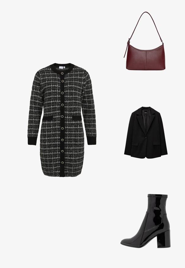 Črn blazer iz gladkega blaga z zapiranjem na en gumb, zarezanimi reverji in dvema sprednjima žepoma. Minimalističen dizajn, krojen pristen fit.; Črno-bela karirana kardigan s okroglo ovratnico, dolgimi rokavi, sprednjimi žepi in kontrastnim črnim zapiranjem na gumbe. Pletena tekstura.; Črne lakaste gležnjarje z gladko teksturo, koničastim nosom in strukturiranim blokastim peto. Imajo zasnovo brez zadrge in kontrastno šivanje.; Bordo usnjeni ročni torbici s ukrivljeno obliko, enim ramenskim trakom in šivanjem na sredini. Gladka tekstura, minimum kovinskih dodatkov.