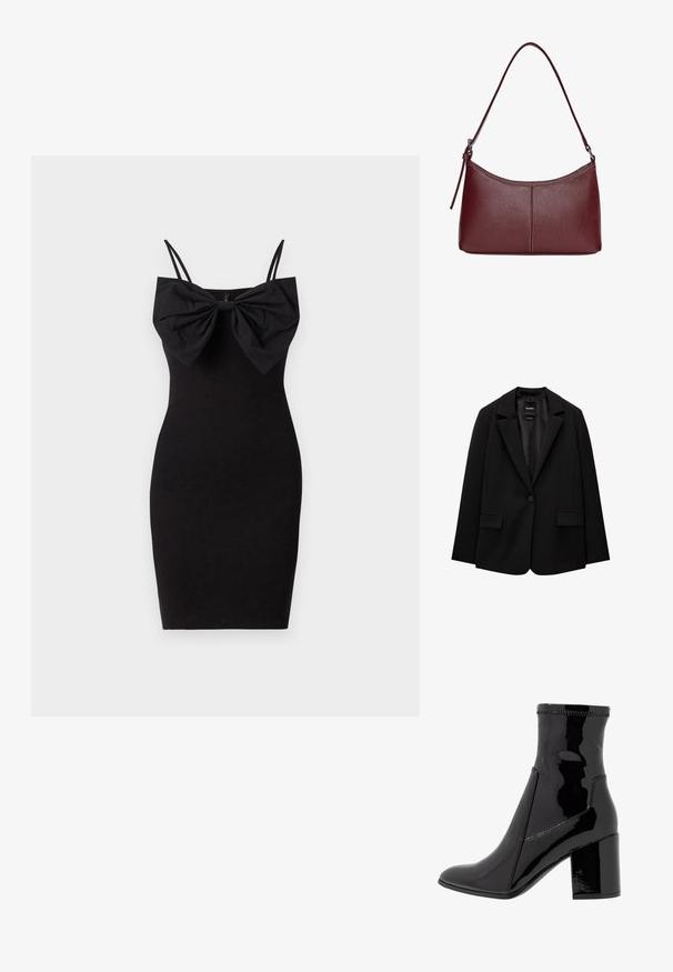 Schwarzer Blazer aus glattem Stoff mit einem Knopfverschluss, abgesetztem Revers und zwei vorderen Taschen. Minimalistisches Design, taillierte Passform.; Schwarzes, tailliertes Kleid mit einer großen Schleifenapplikation am Halsauschnitt, ausgestattet mit dünnen, verstellbaren Trägern und einer glatten, dehnbaren Stofftextur.; Schwarze, lackierte Knöchelstiefel mit glatter Textur, spitzem Zeh und strukturiertem Blockabsatz. Verfügt über ein reißverschlussfreies Design und kontrastierende Nähte.; Bordeauxfarbene Ledertasche mit geschwungener Form, einem einzigen Schulterriemen und gesteppten Details in der Mitte. Glatte Textur, minimales Zubehör.