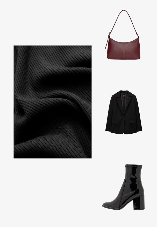 Črn blazer iz gladkega blaga z zapiranjem na en gumb, zarezanimi reverji in dvema sprednjima žepoma. Minimalističen dizajn, krojen pristen fit.; Črn rebrast material z gladko teksturo, ki se ponaša z vertikalnimi utori in drapiranimi gubami, kar ustvarja plasten videz.; Črne lakaste gležnjarje z gladko teksturo, koničastim nosom in strukturiranim blokastim peto. Imajo zasnovo brez zadrge in kontrastno šivanje.; Bordo usnjeni ročni torbici s ukrivljeno obliko, enim ramenskim trakom in šivanjem na sredini. Gladka tekstura, minimum kovinskih dodatkov.