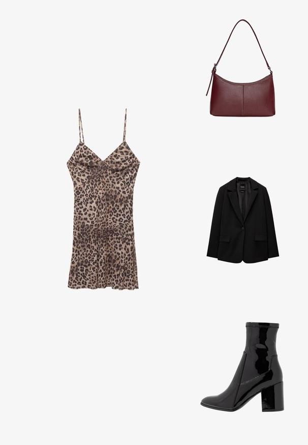 Zwarte blazer van gladde stof met een enkele knoopsluiting, notch-lapels en twee voorzakken. Minimalistisch ontwerp, getailleerde pasvorm.; Leopardprint jurk gemaakt van soepel stof, met dunne bandjes, een v-hals en een uitlopende zoom die boven de knie valt.; Zwarte patenten enkellaarsjes met een gladde textuur, een spitse neus en een gestructureerde blokhak. Heeft een ritsvrije ontwerping en contrasterende stiksels.; Bordeaux lederen handtas met een gebogen vorm, een enkele schouderriem en gestikte details in het midden. Glad textuur, minimale hardware.
