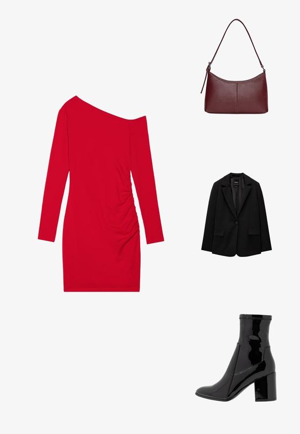 Blazer noir en tissu lisse avec une fermeture à bouton unique, des revers crantés et deux poches avant. Design minimaliste, coupe ajustée.; Robe rouge à manches longues avec un décolleté asymétrique, texture froncée sur un côté et silhouette ajustée. Fabriquée en tissu extensible.; Bottine noire en vernis avec une texture lisse, bout pointu et un talon bloc structuré. Caractérisée par un design sans fermeture éclair et des coutures contrastées.; Sac à main en cuir bordeaux avec une forme arrondie, une bandoulière unique et des coutures au centre. Texture lisse, matériel minimal.