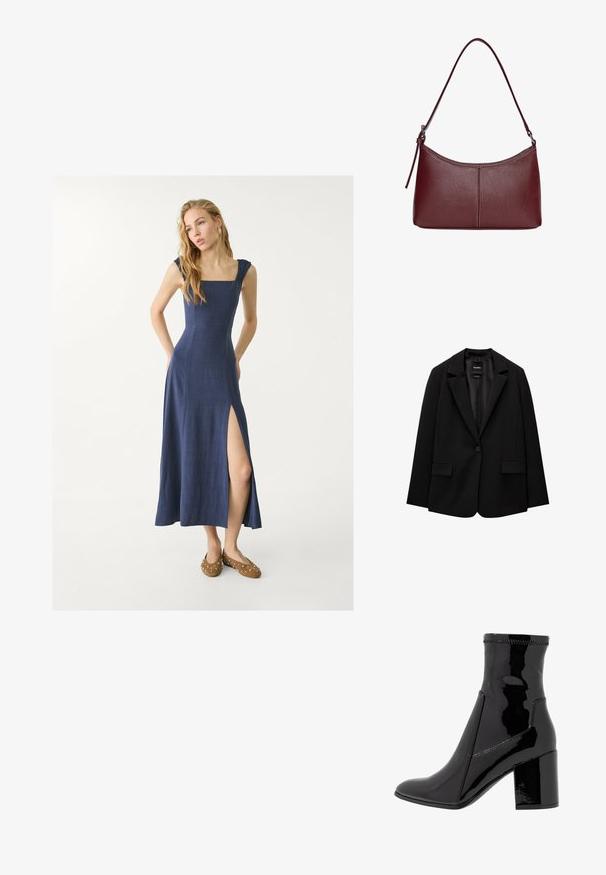 Schwarzer Blazer aus glattem Stoff mit einem Knopfverschluss, abgesetztem Revers und zwei vorderen Taschen. Minimalistisches Design, taillierte Passform.; Marineblaue Leinen-Maxi-Kleid mit quadratischem Ausschnitt, gerafften Schulterträgern und einem seitlichen Schlitz. Kombiniert mit braunen Schuhen mit silbernen Nieten.; Schwarze, lackierte Knöchelstiefel mit glatter Textur, spitzem Zeh und strukturiertem Blockabsatz. Verfügt über ein reißverschlussfreies Design und kontrastierende Nähte.; Bordeauxfarbene Ledertasche mit geschwungener Form, einem einzigen Schulterriemen und gesteppten Details in der Mitte. Glatte Textur, minimales Zubehör.