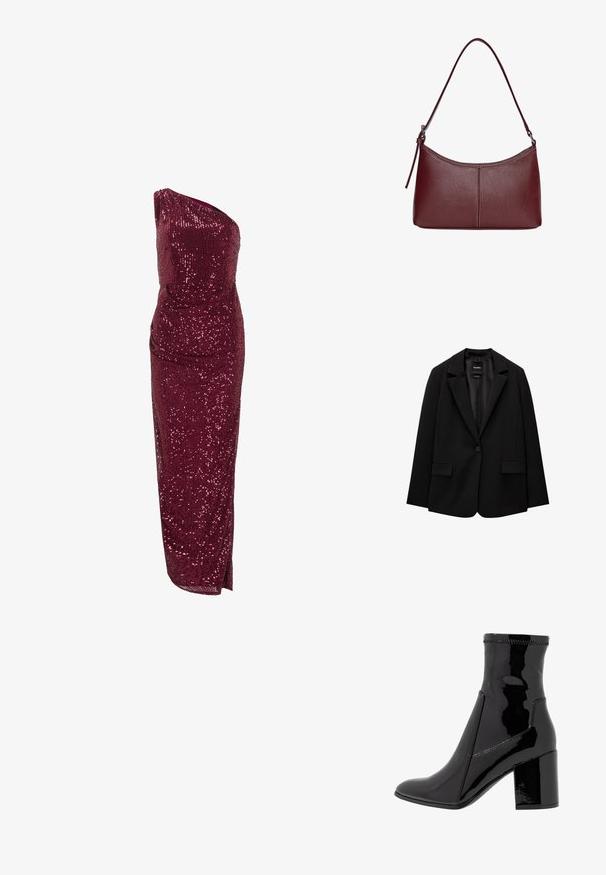 Schwarzer Blazer aus glattem Stoff mit einem Knopfverschluss, abgesetztem Revers und zwei vorderen Taschen. Minimalistisches Design, taillierte Passform.; Burgunderfarbenes Kleid mit Paillettenverzierungen, einer Schulterdesign, figurbetonter Silhouette und seitlichem Schlitz, ausgestattet mit einem glatten Innenfutter.; Schwarze, lackierte Knöchelstiefel mit glatter Textur, spitzem Zeh und strukturiertem Blockabsatz. Verfügt über ein reißverschlussfreies Design und kontrastierende Nähte.; Bordeauxfarbene Ledertasche mit geschwungener Form, einem einzigen Schulterriemen und gesteppten Details in der Mitte. Glatte Textur, minimales Zubehör.