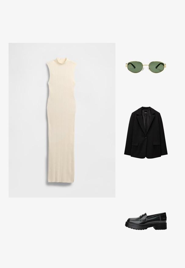 Black blazer made of smooth fabric with a single button closure, notched lapels, and two front pockets. Minimalist design, tailored fit.; Long, sleeveless, cream-colored dress with a high mock neck. Ribbed texture, form-fitting design, and floor-length silhouette.; Black tank top with a square neckline, made of smooth cotton fabric, featuring thick straps and a fitted silhouette.; Black patent leather loafers with a chunky sole, featuring a decorative strap and subtle stitching detail. Rubber texture on the outsole.; Gold metal-framed sunglasses with green tinted lenses, oval shape, black temples, and clear nose pads. Clean, minimalist design.