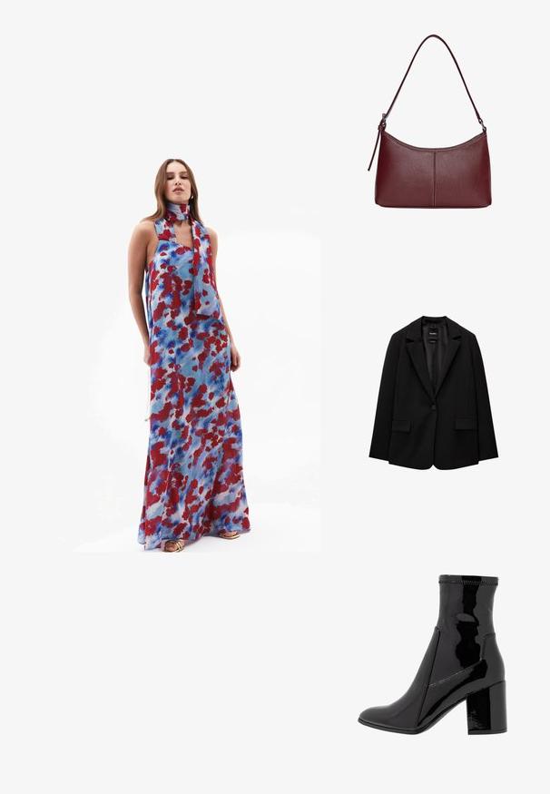 Blazer noir en tissu lisse avec une fermeture à bouton unique, des revers crantés et deux poches avant. Design minimaliste, coupe ajustée.; Robe maxi en tissu léger, présentant un fond bleu avec des motifs abstraits rouges et bleus, et une écharpe assortie nouée autour du cou.; Bottine noire en vernis avec une texture lisse, bout pointu et un talon bloc structuré. Caractérisée par un design sans fermeture éclair et des coutures contrastées.; Sac à main en cuir bordeaux avec une forme arrondie, une bandoulière unique et des coutures au centre. Texture lisse, matériel minimal.