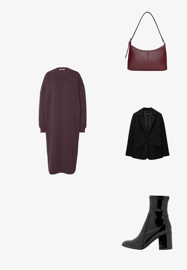 Zwarte blazer van gladde stof met een enkele knoopsluiting, notch-lapels en twee voorzakken. Minimalistisch ontwerp, getailleerde pasvorm.; Overgroot lang sleeve jurk in diep bordeaux, gemaakt van zachte stof, heeft een ronde hals en ribgebreide manchetten voor een ontspannen pasvorm.; Zwarte patenten enkellaarsjes met een gladde textuur, een spitse neus en een gestructureerde blokhak. Heeft een ritsvrije ontwerping en contrasterende stiksels.; Bordeaux lederen handtas met een gebogen vorm, een enkele schouderriem en gestikte details in het midden. Glad textuur, minimale hardware.