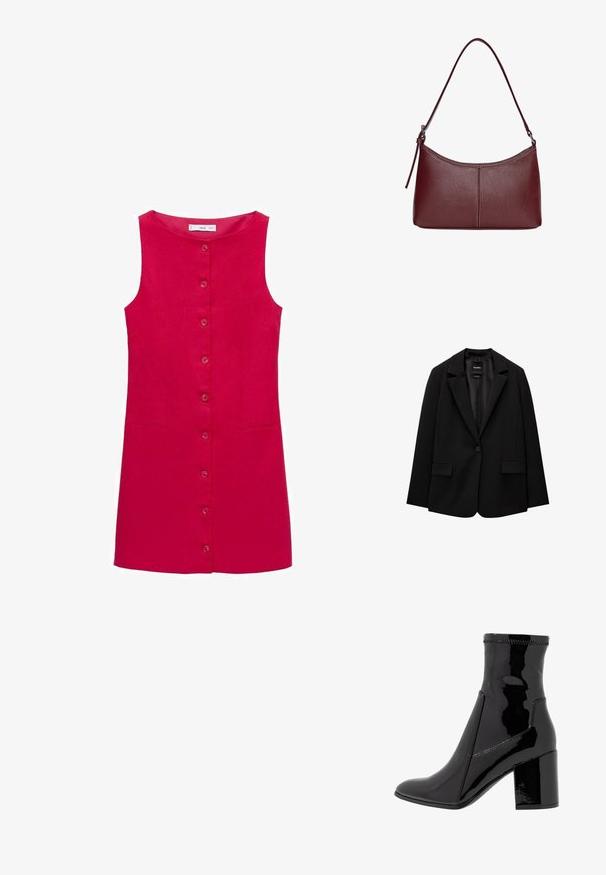 Czarna marynarka wykonana z gładkiego materiału, z pojedynczym zapięciem na guzik, wykrojonymi klapami i dwoma przednimi kieszeniami. Minimalistyczny design, dopasowany krój.; Czerwona lniana sukienka bez rękawów z okrągłym dekoltem, zapięciem na guziki z przodu i dwoma bocznymi kieszeniami. Gładka tekstura, długość do kolan.; Czarne lakierowane botki za kostkę o gładkiej fakturze, z ostro zakończonym noskiem i wyraźnym blokowym obcasem. Charakteryzują się brakiem zamka oraz kontrastowym przeszyciem.; Bordowa torebka skórzana o zaokrąglonym kształcie, z jednym paskiem na ramię i przeszyciami w centrum. Gładka faktura, minimalna ilość elementów metalowych.