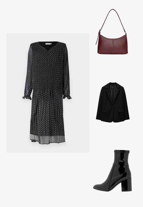 Musta bleiseri, joka on valmistettu sileästä kankaasta, yksittäisellä nappikiinnityksellä, viistetyt kaulukset ja kaksi etutaskua. Minimalistinen muotoilu, istuva leikkaus.; Mustapuku kevytmateriaaleista, jossa on V-kaula-A, pitkät hihat frilla-hihoilla ja valkoisia pilkkuja koko pinnalla.; Musta lakattu nilkkuri, jossa on sileä pinta, terävä kärki ja jämäkkä lohko korko. Suunnittelussa ei ole vetoketjua ja siinä on kontrastiväriompeleet.; Maroon-värinen nahkalaukku, jossa on kaareva muoto, yksi olkahihna ja keskellä ommeltu yksityiskohta. Sileä pinta, minimaalinen varustelu.