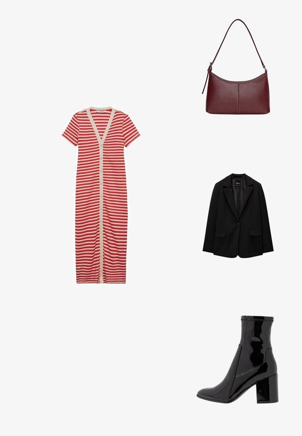 Blazer nero realizzato in tessuto morbido con chiusura a un bottone, revers a punta e due tasche frontali. Design minimalista, vestibilità sartoriale.; Abito maxi a maniche corte a strisce rosse e bianche con scollatura a V e chiusura a bottoni. Presenta un bordo uniforme di colore crema e una vestibilità aderente.; Stivale alla caviglia in patent nero con una texture liscia, punta appuntita e tacco a blocco strutturato. Presenta un design senza zip e cuciture a contrasto.; Borsa a tracolla in pelle bordeaux con forma curvata, una sola tracolla e dettagli cuciti al centro. Texture liscia, hardware minimale.