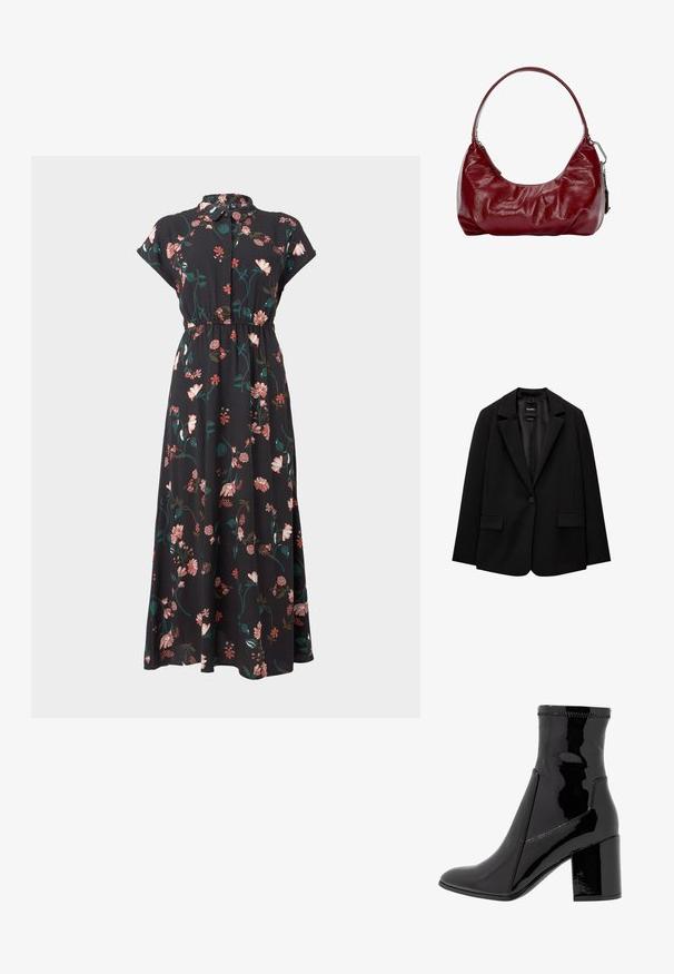 Czarna marynarka wykonana z gładkiego materiału, z pojedynczym zapięciem na guzik, wykrojonymi klapami i dwoma przednimi kieszeniami. Minimalistyczny design, dopasowany krój.; Czarna sukienka w kwiaty z krótkimi rękawami, zapięciem na guziki z przodu, ściągnięciem w talii oraz różnorodnymi różowymi i zielonymi wzorami kwiatowymi na całej powierzchni.; Czarne lakierowane botki za kostkę o gładkiej fakturze, z ostro zakończonym noskiem i wyraźnym blokowym obcasem. Charakteryzują się brakiem zamka oraz kontrastowym przeszyciem.; Burgundowa torba na ramię wykonana z błyszczącego materiału, z zakrzywionym kształtem i marszczoną fakturą. Posiada krótką rączkę i widoczny zamek błyskawiczny.