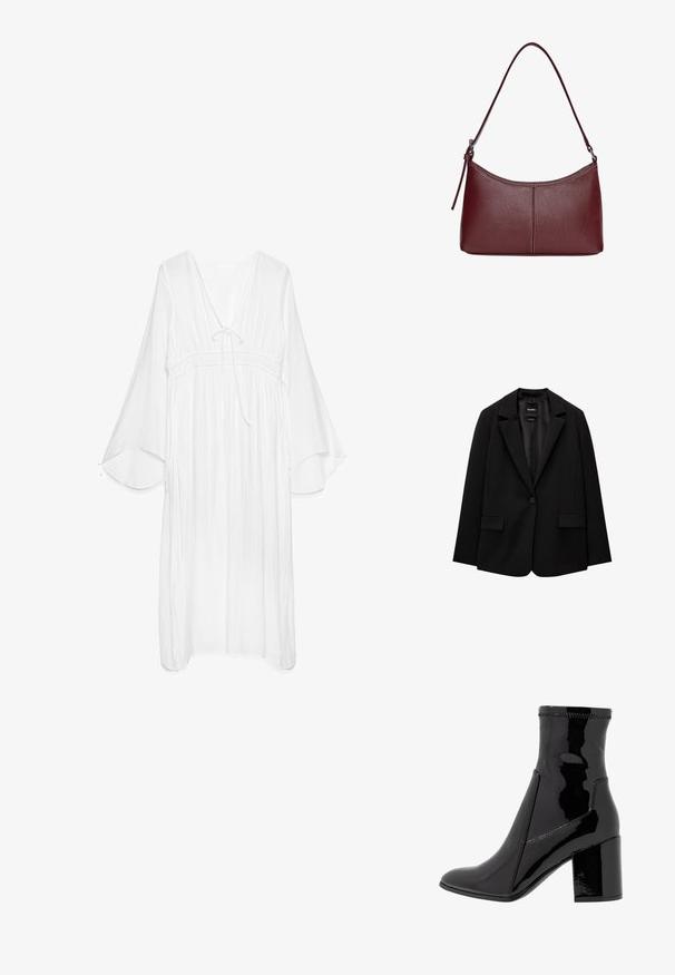 Blazer nero realizzato in tessuto morbido con chiusura a un bottone, revers a punta e due tasche frontali. Design minimalista, vestibilità sartoriale.; Abito bianco leggero con scollatura a V, vita arricciata e maniche a campana fluide. Tessuto strutturato con dettaglio a fiocco sul collo.; Stivale alla caviglia in patent nero con una texture liscia, punta appuntita e tacco a blocco strutturato. Presenta un design senza zip e cuciture a contrasto.; Borsa a tracolla in pelle bordeaux con forma curvata, una sola tracolla e dettagli cuciti al centro. Texture liscia, hardware minimale.