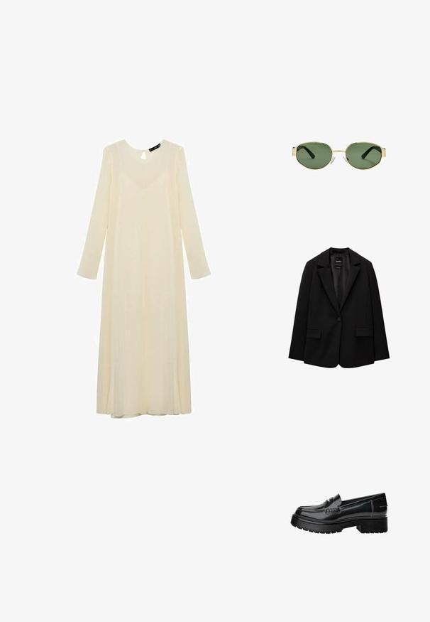 Blazer noir en tissu lisse avec une fermeture à bouton unique, des revers crantés et deux poches avant. Design minimaliste, coupe ajustée.; Robe longue à manches longues couleur crème avec décolleté en œillets, fabriquée en tissu léger, présentant une silhouette fluide et un léger éclat.; Mocassins en cuir verni noir avec une semelle épaisse, présentant une sangle décorative et des détails de couture subtils. Texture en caoutchouc sur la semelle extérieure.; Lunettes de soleil avec monture en métal doré et verres teintés verts, de forme ovale, avec branches noires et plaquettes de nez transparentes. Design épuré et minimaliste.