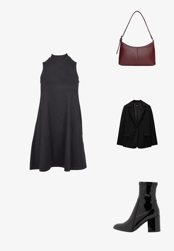 Črn blazer iz gladkega blaga z zapiranjem na en gumb, zarezanimi reverji in dvema sprednjima žepoma. Minimalističen dizajn, krojen pristen fit.; Črna brezrokavna obleka z visokim ovratnikom, izdelana iz mehkega, raztegljivega materiala. A-linijski dizajn ima ohlapno prileganje in gladko teksturo.; Črne lakaste gležnjarje z gladko teksturo, koničastim nosom in strukturiranim blokastim peto. Imajo zasnovo brez zadrge in kontrastno šivanje.; Bordo usnjeni ročni torbici s ukrivljeno obliko, enim ramenskim trakom in šivanjem na sredini. Gladka tekstura, minimum kovinskih dodatkov.