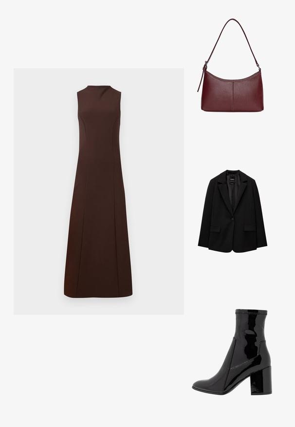 Črn blazer iz gladkega blaga z zapiranjem na en gumb, zarezanimi reverji in dvema sprednjima žepoma. Minimalističen dizajn, krojen pristen fit.; Brezrokavni rjav komplet z visokim ovratnikom, prilegajočim zgornjim delom in razširjenim krilom. Narejen iz gladkega blaga brez vidnih vzorcev ali dodatkov.; Črne lakaste gležnjarje z gladko teksturo, koničastim nosom in strukturiranim blokastim peto. Imajo zasnovo brez zadrge in kontrastno šivanje.; Bordo usnjeni ročni torbici s ukrivljeno obliko, enim ramenskim trakom in šivanjem na sredini. Gladka tekstura, minimum kovinskih dodatkov.