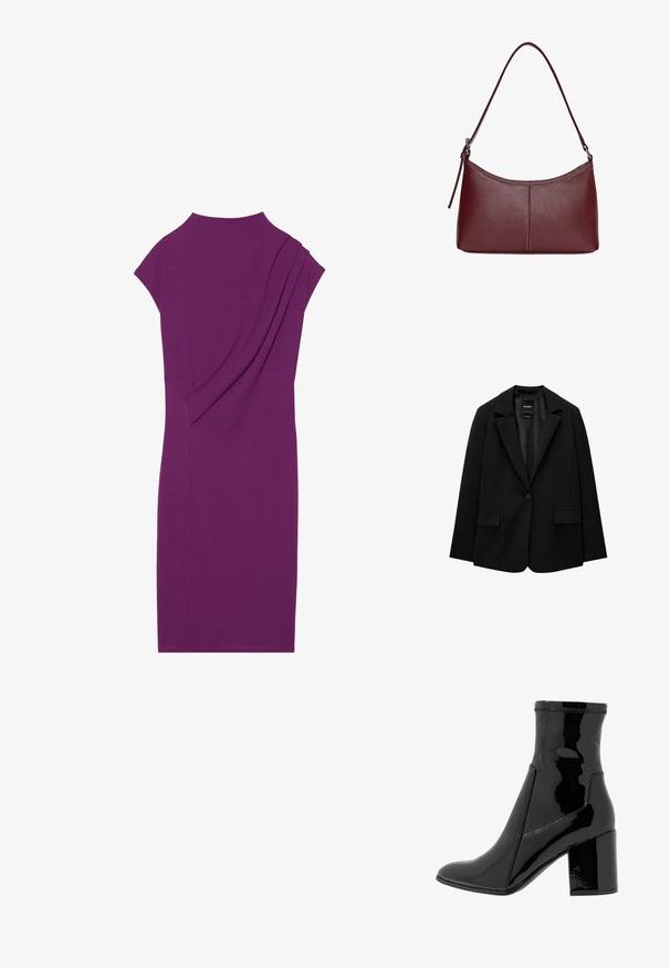 Musta bleiseri, joka on valmistettu sileästä kankaasta, yksittäisellä nappikiinnityksellä, viistetyt kaulukset ja kaksi etutaskua. Minimalistinen muotoilu, istuva leikkaus.; Violetti midi-mekko korkealla kauluksella, lyhyillä hihoilla ja laskostetuilla yksityiskohdilla selkäpuolella. Sileä, venyvä kangas, vartalonmyötäinen muotoilu.; Musta lakattu nilkkuri, jossa on sileä pinta, terävä kärki ja jämäkkä lohko korko. Suunnittelussa ei ole vetoketjua ja siinä on kontrastiväriompeleet.; Maroon-värinen nahkalaukku, jossa on kaareva muoto, yksi olkahihna ja keskellä ommeltu yksityiskohta. Sileä pinta, minimaalinen varustelu.