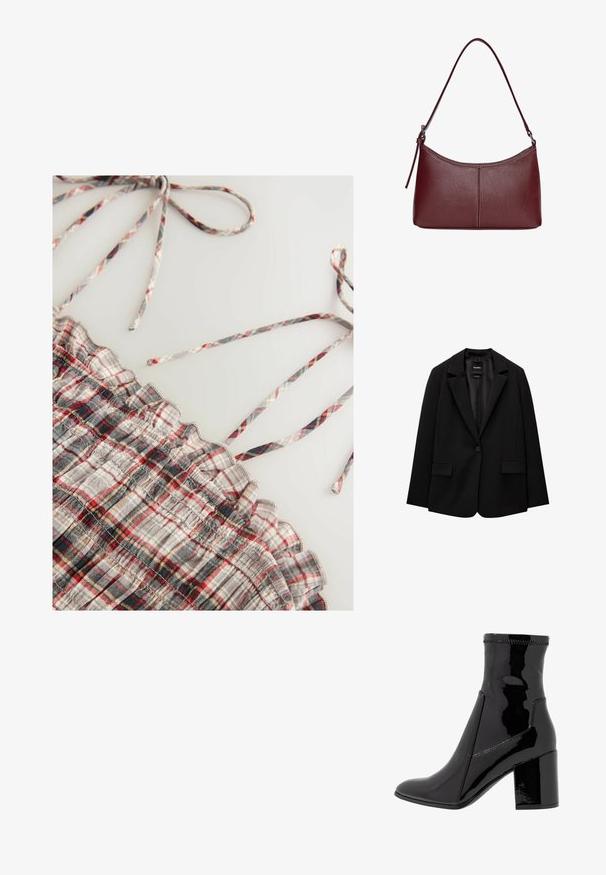 Black blazer made of smooth fabric with a single button closure, notched lapels, and two front pockets. Minimalist design, tailored fit.; Woven checkered top with gray, red, and black plaid patterns. Features ruffled edges and thin adjustable straps. Soft texture.; Black patent ankle boot with a smooth texture, pointed toe, and a structured block heel. Features a zip-free design and contrasting stitching.; Maroon leather handbag with a curved shape, a single shoulder strap, and stitched detailing at the center. Smooth texture, minimal hardware.