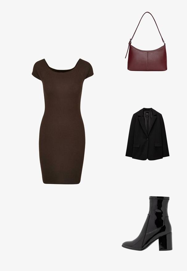 Fekete blézer sima szövetből, egy gombos záródással, bemetszett gallérral és két elülső zsebbel. Minimalista dizájn, testreszabott fazon.; Barna bordás bodycon ruha rövid ujjal és kerek nyakkivágással, amelyet testhezálló sziluett kialakítására terveztek. Az anyag sima textúrájú.; Fekete lakk bokacsizma sima felülettel, hegyes orral és struktúrált tömbsarkal. Cipzár nélküli kialakítással és kontrasztos varrással rendelkezik.; Bordó bőr kézitáska ívelt formával, egyetlen vállpánttal és varrott díszítéssel a középen. Simás textúra, minimális fémalkatrészek.